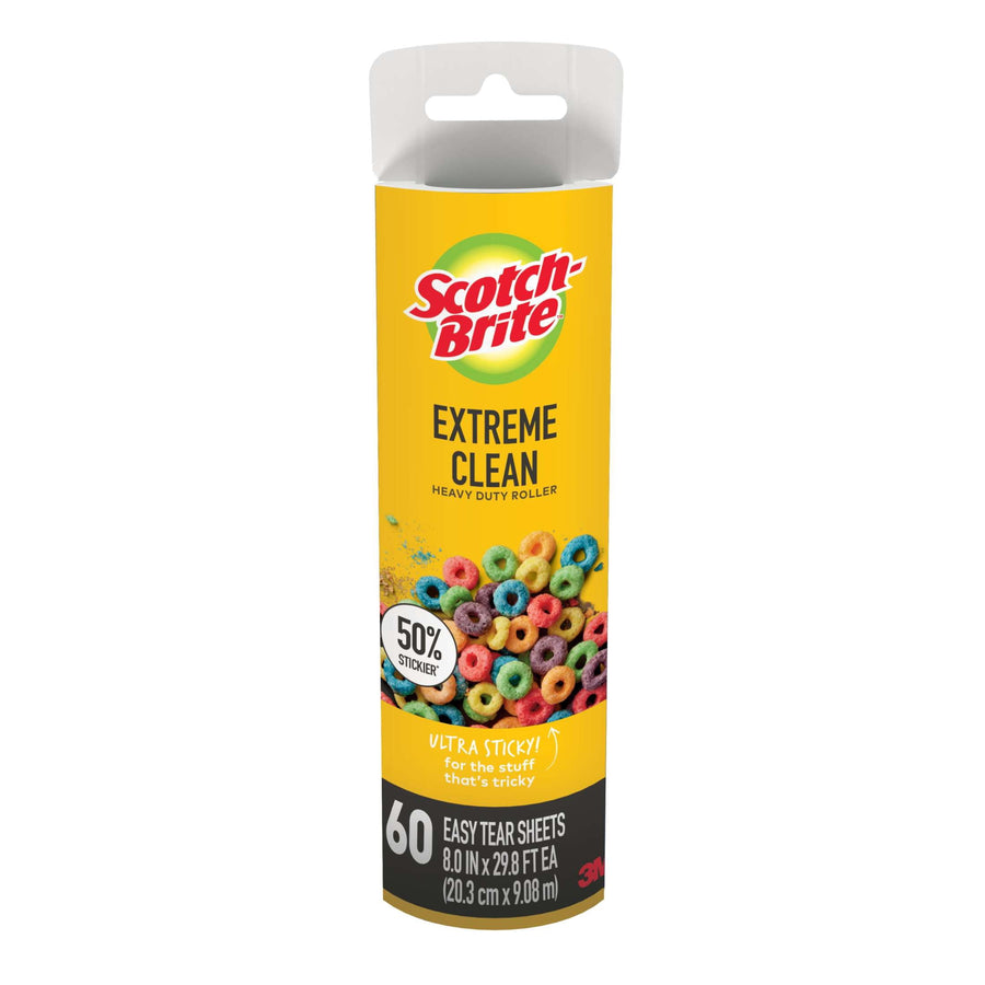 Tall yellow Scotch-Brite Extreme Clean lint roller refill package with cereal graphic and 60-sheet label