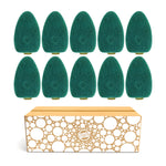 Ten green heavy-duty Scotch-Brite dishwand refill heads arranged in two rows above a patterned cardboard box.