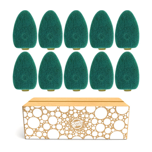 Ten green heavy-duty Scotch-Brite dishwand refill heads arranged in two rows above a patterned cardboard box.