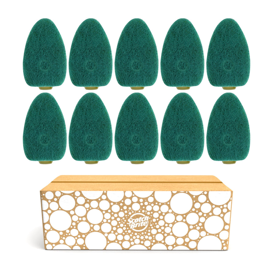 Ten green heavy-duty Scotch-Brite dishwand refill heads arranged in two rows above a patterned cardboard box.