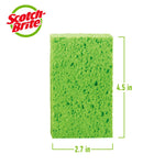 Single green Scotch-Brite sponge upright with brand logo and measurements indicating 4.5 in by 2.7 in