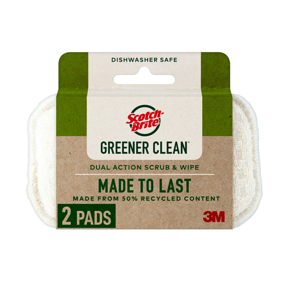 Packaged Scotch-Brite Greener Clean dual-action scrub and wipe pair in neutral recycled-fiber cardboard sleeve with brand logo