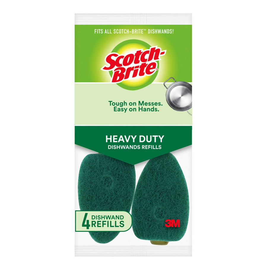 Packaged Scotch-Brite heavy duty dishwand refill heads showing two green scouring refills and brand logo on white-green card