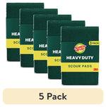 five scotch-brite heavy duty scour pad 3-packs arranged together with a large "5 pack" label