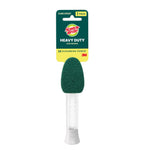 Scotch-Brite heavy duty soap-dispensing dishwand with green scrub head and clear handle on packaging