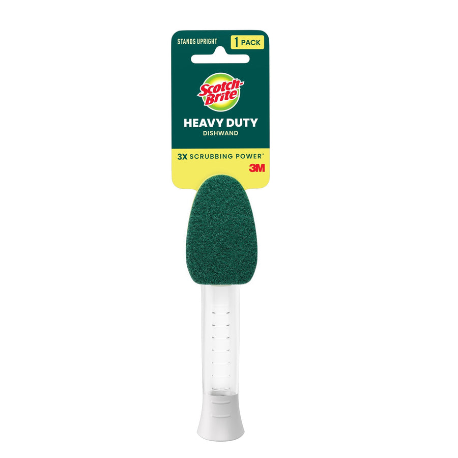 Scotch-Brite heavy duty soap-dispensing dishwand with green scrub head and clear handle on packaging