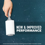 Hand using a Scotch-Brite lint roller on a dark fabric surface with text reading “New & Improved Performance”