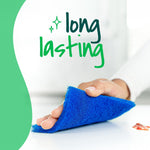 Hand holding and flexing a blue Scotch-Brite scour pad above a countertop with 'long lasting' text