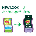 Graphic showing old and new Scotch-Brite package designs with text 'NEW LOOK same great clean' and arrow between packages.