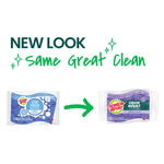 Graphic announcing new look with arrow from old blue packaging to new purple Scotch-Brite Odor Resist scrub sponge package