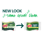 Graphic showing old and new Scotch-Brite Heavy Duty sponge packaging with text 'New Look same great clean' on white background.