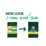 Packaging comparison graphic showing old and new Scotch‑Brite Heavy Duty scour pad packaging with text "NEW LOOK same great clean."