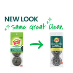 Graphic showing old and new Scotch-Brite stainless steel scrubber packaging with 'New Look' text