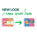 Graphic showing old and new Scotch-Brite packaging with arrow and text 'NEW LOOK Same Great Clean'