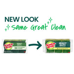 Graphic announcing new look with two Scotch-Brite Heavy Duty sponge packages side by side and arrow indicating packaging redesign