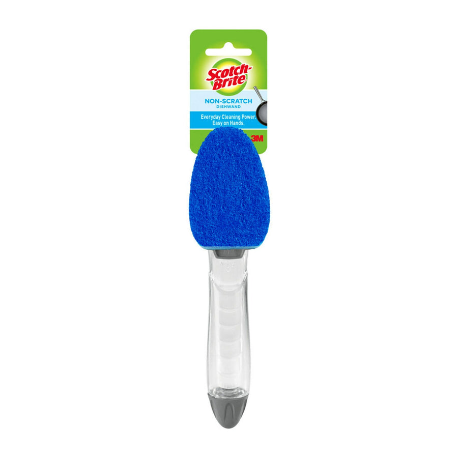 Scotch-Brite non-scratch soap-dispensing dishwand on retail card with blue sponge head and clear handle
