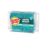 Angled view of Scotch-Brite Odor Resist scrub sponges in clear plastic packaging showing logo and teal sponges