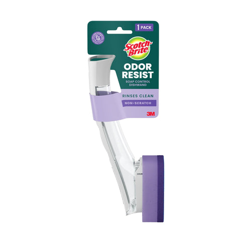 Scotch-Brite Odor Resist soap-control dishwand in packaging with purple scrub head and clear handle