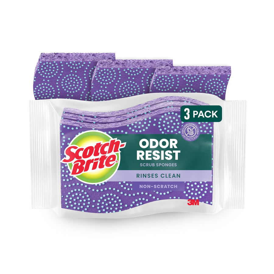 Packaged Scotch-Brite Odor Resist non-scratch scrub sponges in clear wrapper showing purple patterned sponge and branding