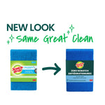 Graphic showing old and new Scotch-Brite packaging side by side with arrow and text 'New Look Same Great Clean'