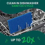 Blue Scotch-Brite Zero Scratch pad placed upright in a dishwasher rack with text about cleaning and sanitize cycle