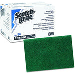 Scotch-Brite branded box next to a green scouring pad showing product packaging and pad detail
