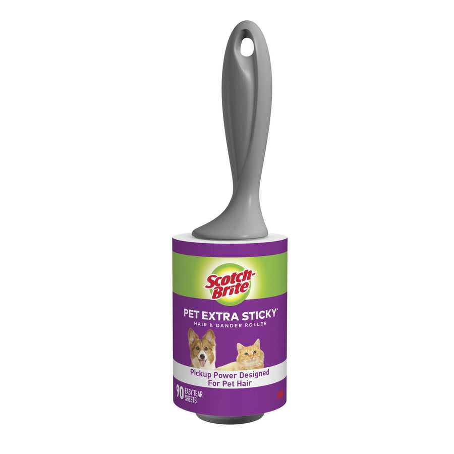 Scotch-Brite pet extra sticky lint roller with gray handle and purple product label showing dog and cat