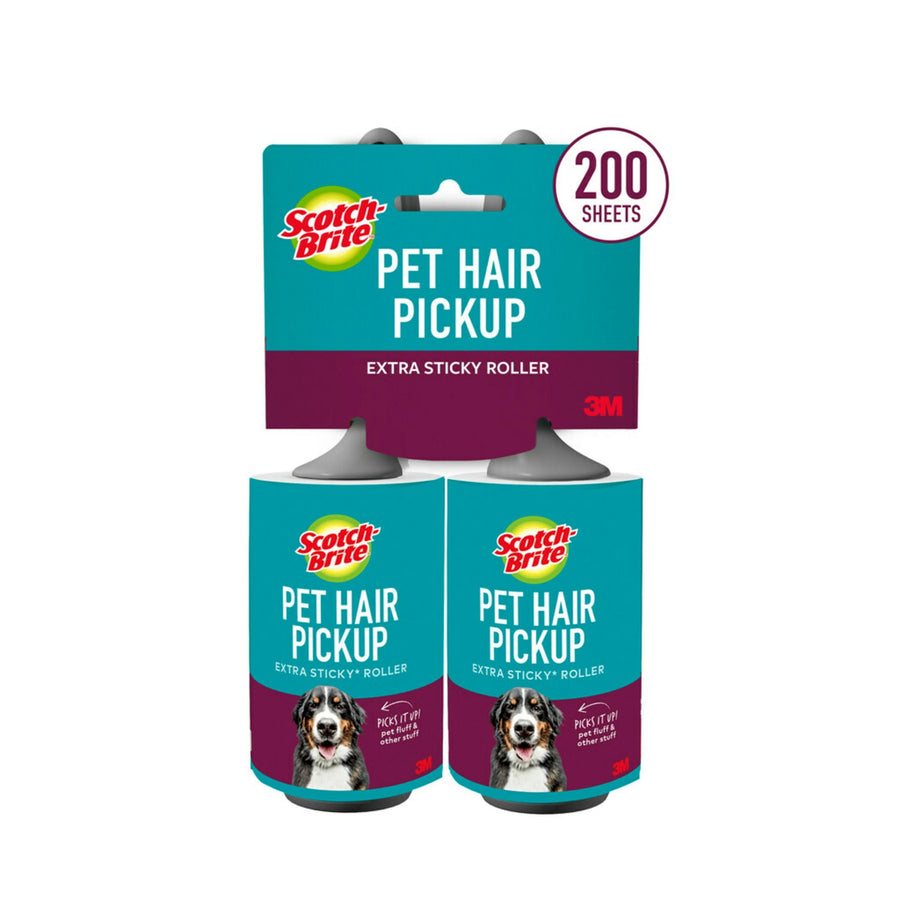 Packaged Scotch-Brite Pet Hair Pickup double refill pack showing two rollers and retail hang card with brand logo