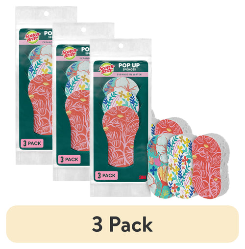 Three packaged Scotch-Brite Pop Up sponge pouches with three colorful floral sponges displayed beside them.