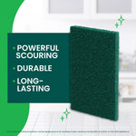 Single Scotch-Brite heavy-duty green scour pad shown upright with callouts for powerful scouring and durability
