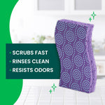 Single purple Scotch-Brite Odor Resist scrub sponge on counter with callouts listing scrubs fast, rinses clean, resists odors