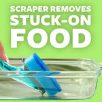 Scotch-Brite dishwand in a glass dish with text overlay 'Scraper removes stuck-on food' on a green background