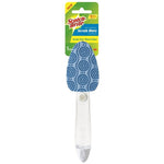 Scotch-Brite Scrub Dots dishwand with blue dotted scrub head and clear liquid reservoir handle on branded hanging card.