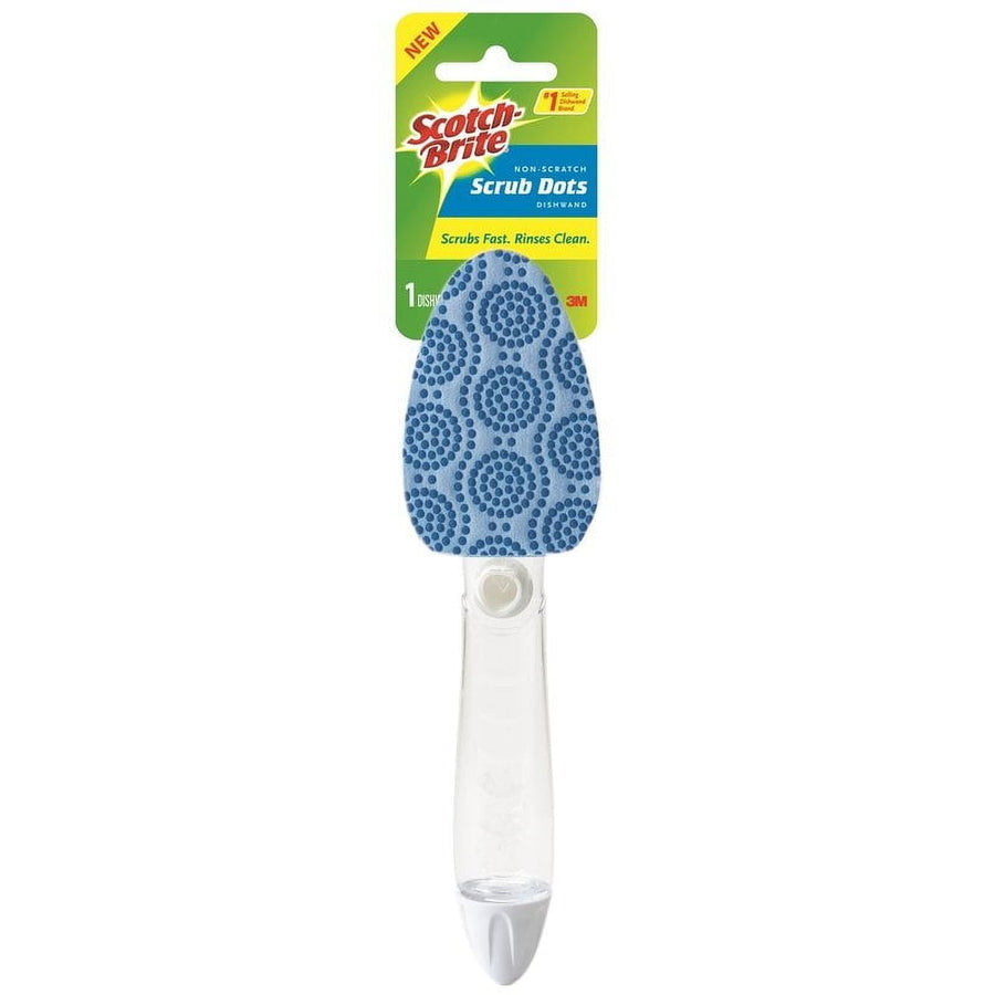 Scotch-Brite Scrub Dots dishwand with blue dotted scrub head and clear liquid reservoir handle on branded hanging card.