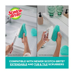 Split-image showing hands attaching Scotch-Brite scrubber heads to a handle and to a handheld tool, with compatibility note