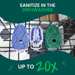 Three dishwand scrubber pads and brush head shown in a dishwasher rack with 'sanitize in the dishwasher' text