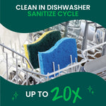 Blue and yellow Scotch-Brite sponges placed in a dishwasher rack with text about cleaning in dishwasher sanitize cycle
