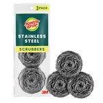 Clear package of three Scotch-Brite stainless steel round scrubbers with visible 3M logo