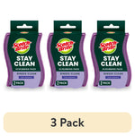 Three packaged Scotch-Brite Stay Clean scrubbing pad 2-pack units shown side-by-side with a '3 Pack' label beneath.