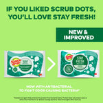 Green promotional graphic comparing original scrub dots packaging to new Stay Fresh antibacterial packaging with product images.
