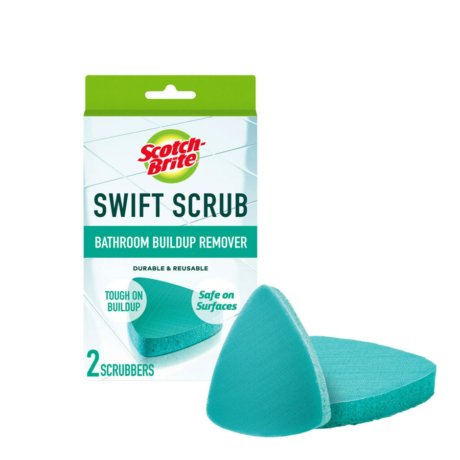 Scotch-Brite Swift Scrub packaging with two teal triangular scrubbers shown on white background