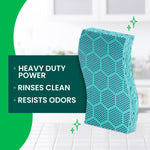 Teal heavy-duty scrub sponge with hex dot texture shown upright beside a panel listing "Heavy Duty Power, Rinses Clean, Resists Odors."