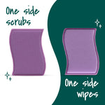 Side-by-side images of a purple scrub-textured side and a smooth wipe side of the Scotch-Brite pad with labels 'One side scrubs' and 'One side wipes'.