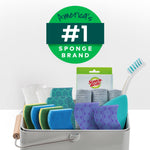 Arrangement of assorted Scotch-Brite sponges and cleaning accessories in a container with 'America's #1 Sponge Brand' badge