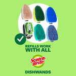 Graphic showing multiple styles of Scotch-Brite dishwand refill heads with a checkmark and compatibility text