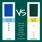 Comparison chart graphic contrasting blue Scotch-Brite zero-scratch pad and green heavy duty pad across cleaning application categories.