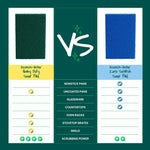 Comparison chart graphic contrasting Scotch-Brite Heavy Duty (green) and Zero Scratch (blue) scour pads and their uses
