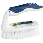 White and navy-handled Scotch-Brite utility scrub brush with dense white bristles and label