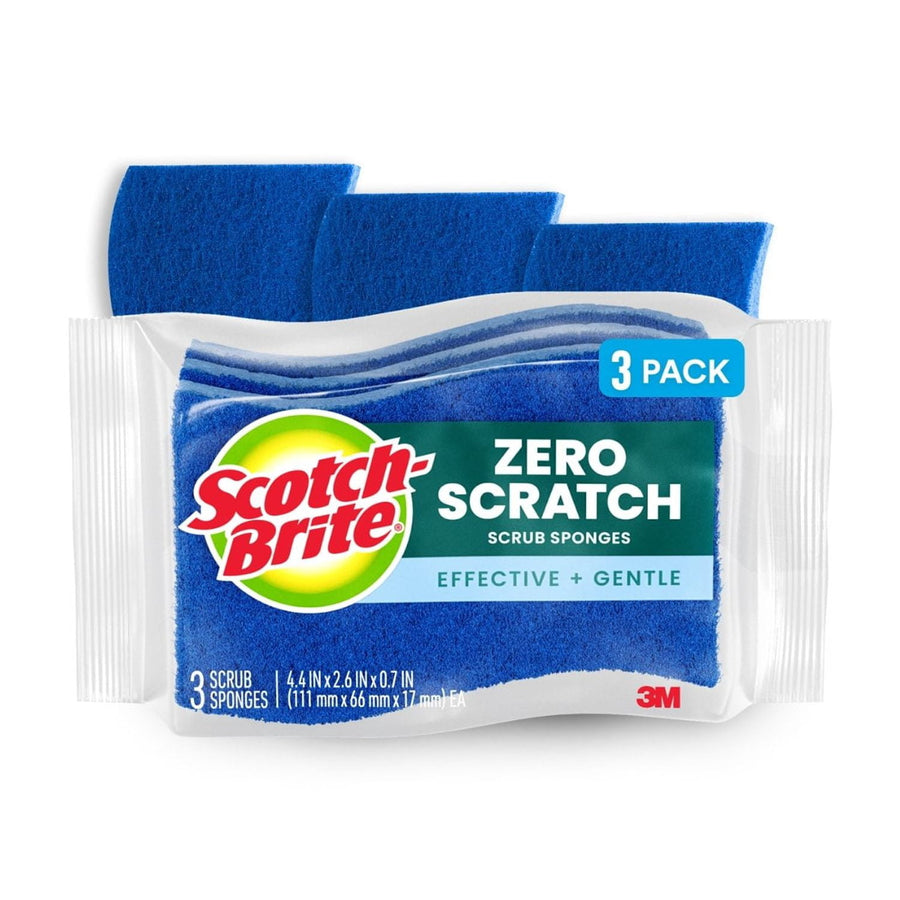 Clear packaged trio of blue Scotch-Brite Zero Scratch scrub sponges with visible logo and 3-pack label