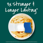 Blue sponge wiping a dirty plate with text claim ‘3x stronger & longer lasting’ on a green background